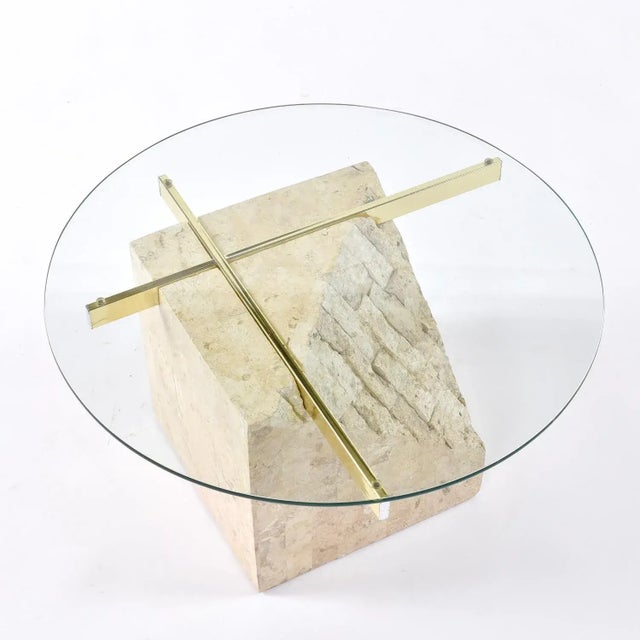 Maitland - Smith Round Glass Topped Tessellated Stone Brass Cantilever Coffee Table or Side Table For Sale - Image 4 of 15