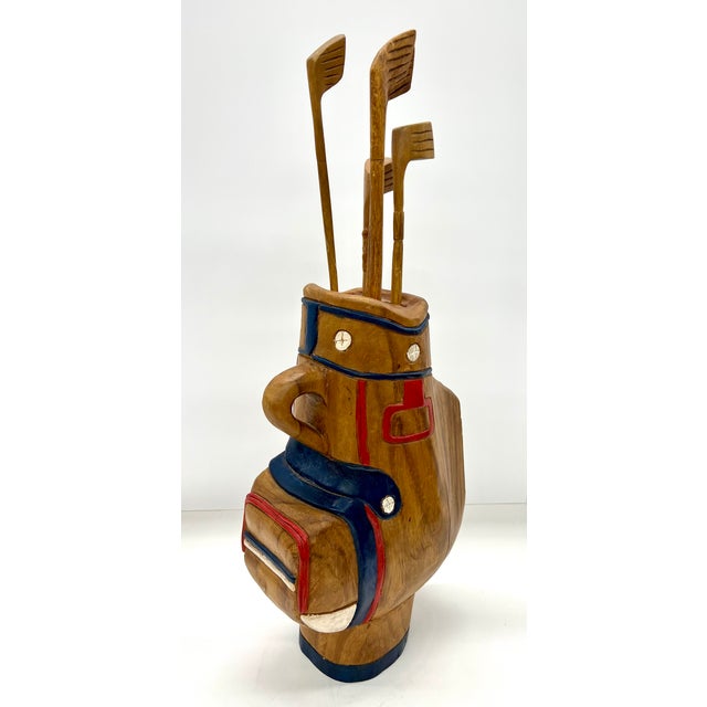 1970s Vintage Hand-Carved Wooden Golf Bag & Clubs – Folk Art Sculpture With Removable Clubs For Sale - Image 5 of 7