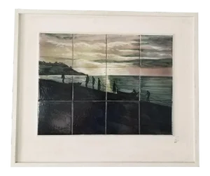 Vintage Figurative Abstrasct Fisherman Tile Mural