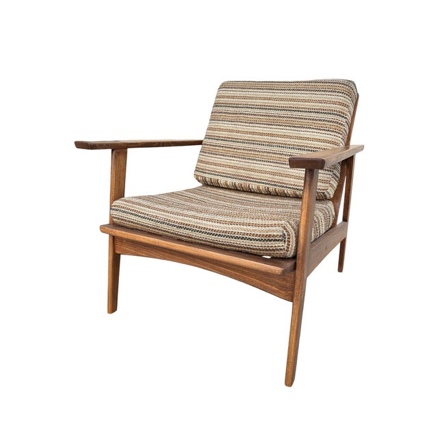 Scandinavian Modern Mid Century Walnut Framed Armchair with Striped Cushions The car is build from solid walnut featuring...