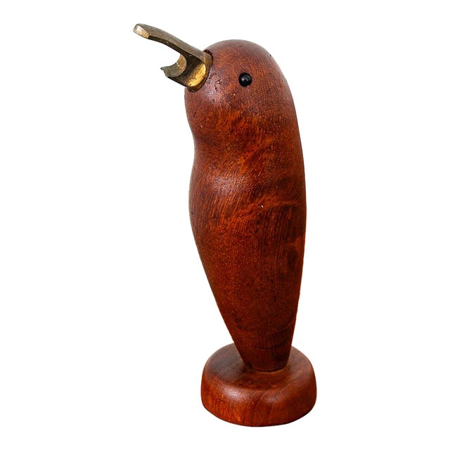Vintage Mid Century Danish Modern Bottle Opener Solid Teak Bird Brass Figurine For Sale