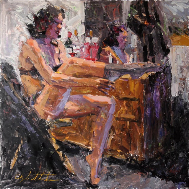 This oil painting captures a moment of introspection, depicting a figure seated in a relaxed pose, engaged in a private...