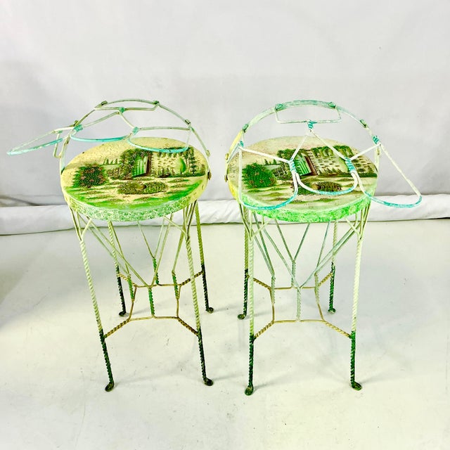 1970s Vintage Boho Chic Italian Ice Cream Cafe Indoor Outdoor Bar Stools Convertible Drinks Tables - A Pair For Sale - Image 14 of 18