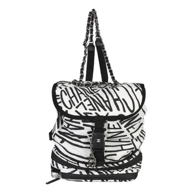 White Black Nylon Printed Coco Neige Backpack For Sale