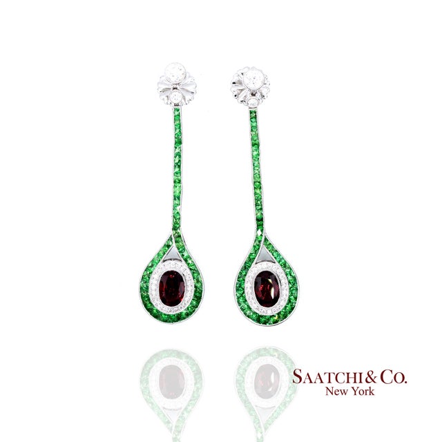 Red Platinum 950 Dangling Natural Ruby Emerald and Diamond Earring - Set of 2 For Sale - Image 8 of 13
