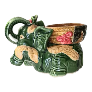 Vintage Green Lucky Elephant Planter Trunk Up Glazed Ceramic