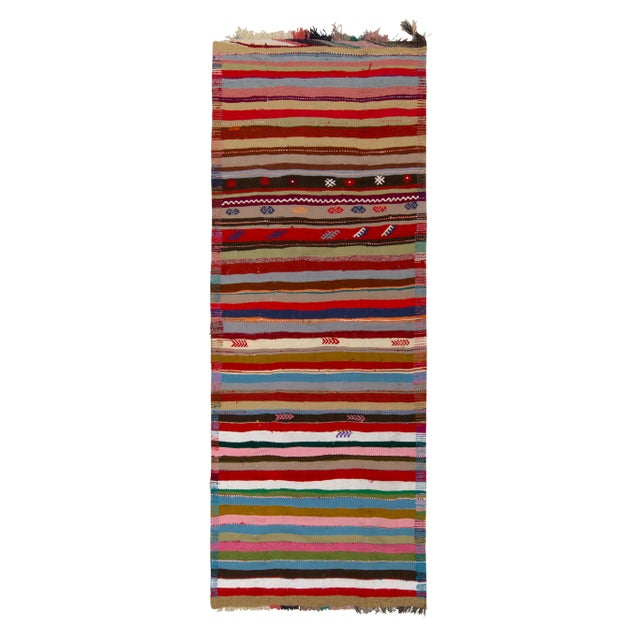 Red 1950s Vintage Chaput Kilim in Rainbow Stripes, Geometric Tribal Rug For Sale - Image 8 of 8