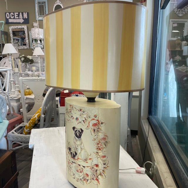 Vintage Toleware Pug Lamp With Hand Painted Striped Shade For Sale - Image 10 of 10