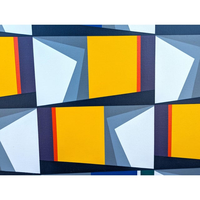 Contemporary blue and yellow geometric abstract painting by Venezuelan artist Subero Oswaldo. The work features hard-edge...