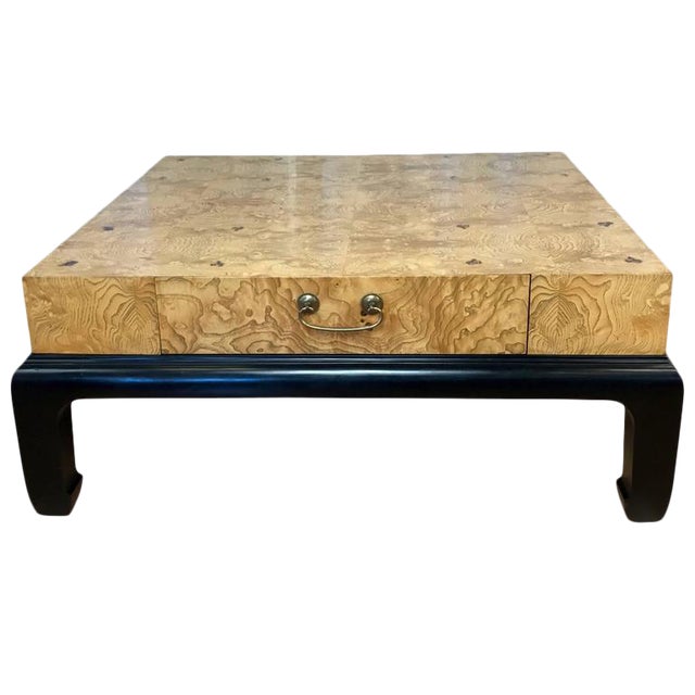 Burl Veneer Wood Coffee Table With Drawers Attributed to Henredon