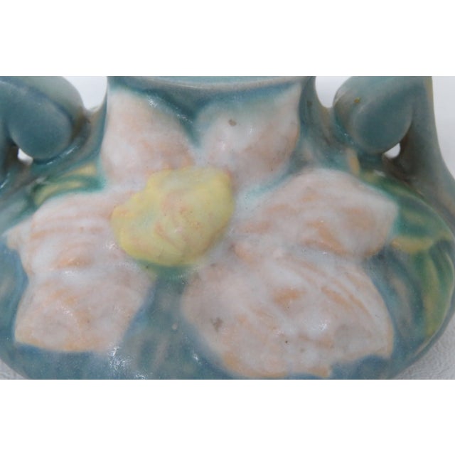 Roseville Pottery Clematis Ceil Blue Short Candlestick Holders 1158 2 a Pair 4688b For Sale In Miami - Image 6 of 16