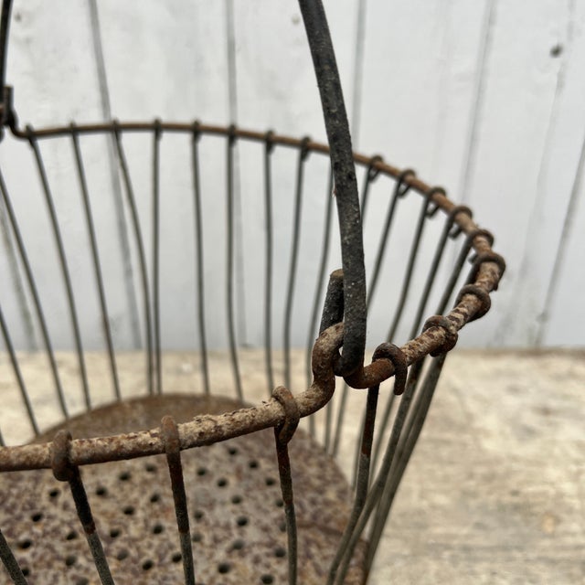 Rustic Vintage Rustic Metal Wire Egg Basket With Perforated Bottom For Sale - Image 3 of 10