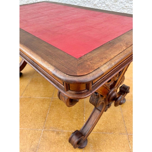 Brown Spanish Baroque Revival Writing Table with Lyre Legs and Leather Top, 1920s For Sale - Image 8 of 10