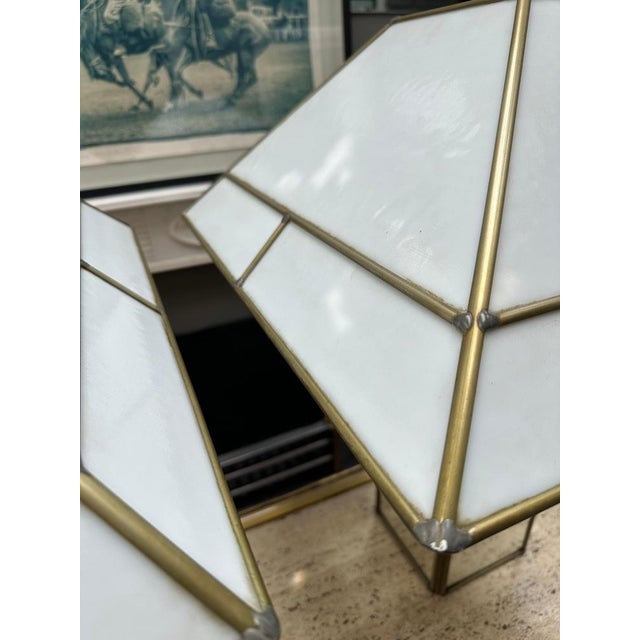 1970s Large Brass and Opaque Glass Table Lamps in the style of Tiffany, 1970s, Set of 2 For Sale - Image 5 of 16