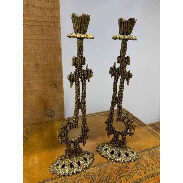Vintage MCM Brass Brutalist Wainberg Candlesticks