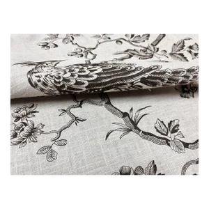 Ecru Beige Gray Dark Brown Linen Cotton Toile Bird Floral Botanical Drapery Upholstery Fabric