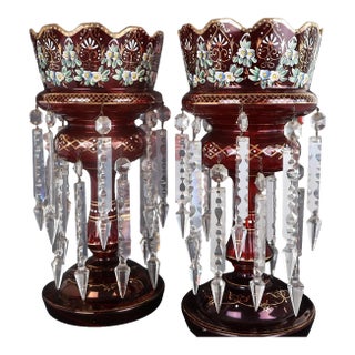 Pair Victorian Cranberry Glass Lusters With Double Tier Crystal Prisms & Enamel Decoration, c.1880–1895 For Sale