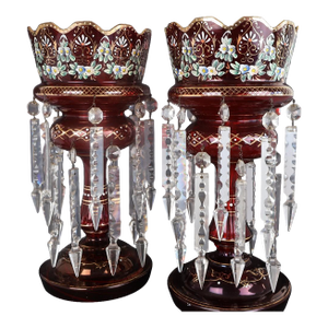 Pair Victorian Cranberry Glass Lusters With Double Tier Crystal Prisms & Enamel Decoration, c.1880–1895