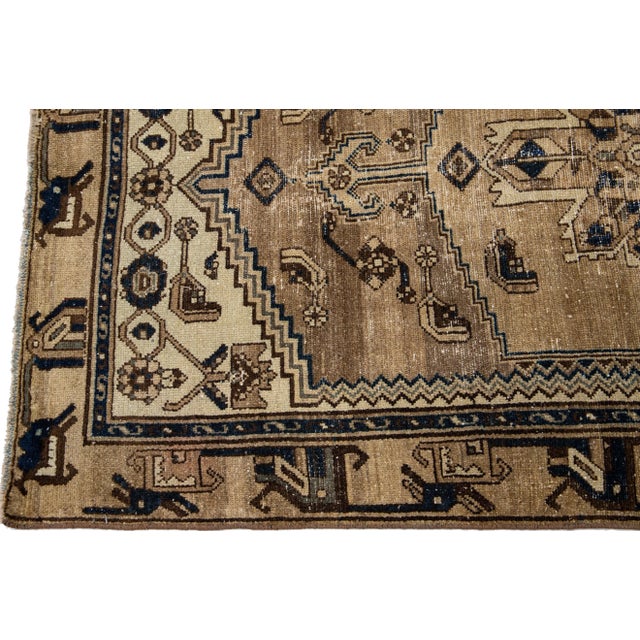Mid 20th Century Vintage Persian Distressed Brown Handmade Medallion Wool Rug For Sale - Image 4 of 10