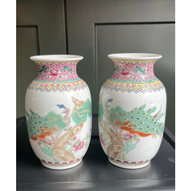Chinoiserie Antique Famille Rose Petite Pastel Peacock Vases-a Pair For Sale - Image 3 of 9