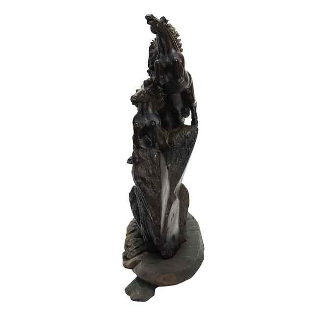 1920s Feng Shui 8 Running Horses Carved Black Jasper Grouping & Wood Base C1920 For Sale - Image 5 of 7