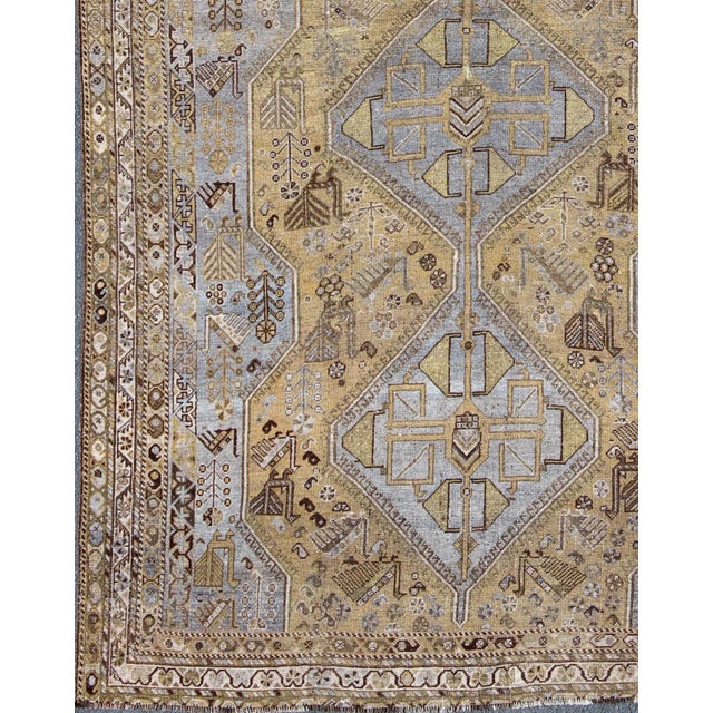 Persian vintage Shiraz carpet in olive and lavender with geometric medallions, rug/country of origin / type: Iran /...