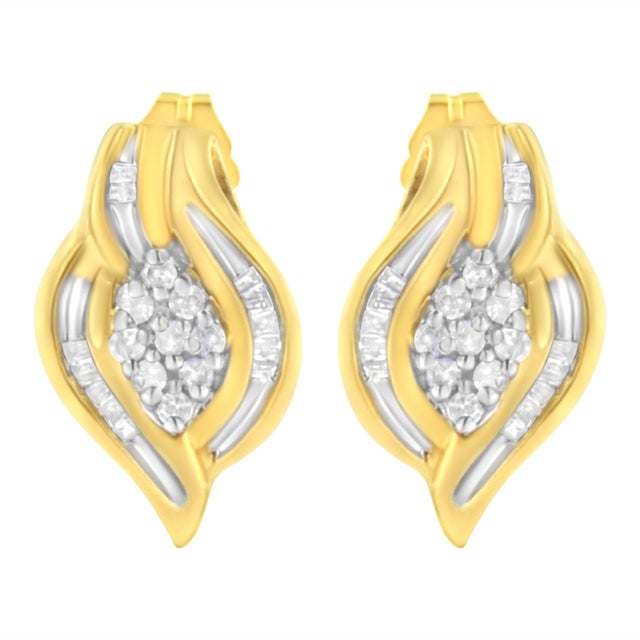 Contemporary 10K Yellow Gold 1/3 cttw Round-Cut Diamond Cluster and Swirl Stud Earrings (J-K Clarity, I2-I3 Color) For Sale - Image 3 of 6