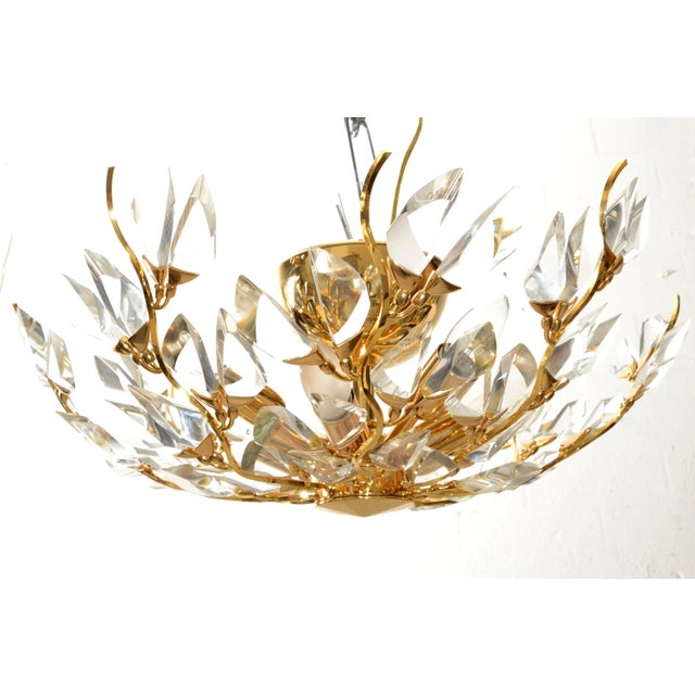Round stunning Gold Plate Brass & Crystal leaves 8 Light Chandelier by Stilkronen with Canopy and Brass Sleeves. In...
