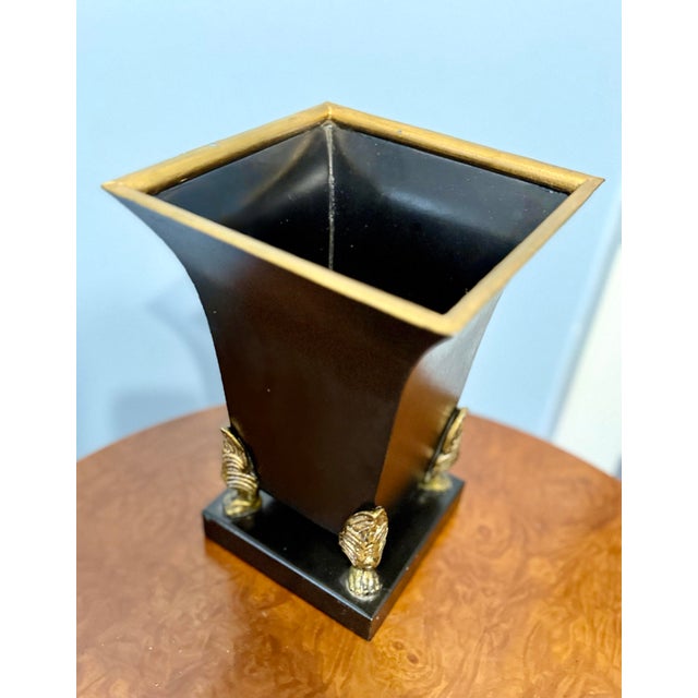 Vintage French Tole Style Black & Gold Neoclassical Cachepot For Sale - Image 4 of 8