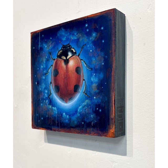 Contemporary Space Beetle 01 by Stacy D'Aguiar | Acrylic on wood of a red ladybug in a cosmic background For Sale - Image 3 of 5