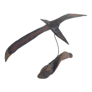 Vintage Modernist Brutalist Mixed Metal Flying Bird Sculpture on Driftwood Base For Sale