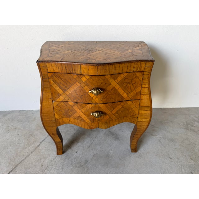 Vintage Italian Burl Olive Wood Parquetry Two-Drawer Miniature Chest With Shell Handles For Sale - Image 4 of 12