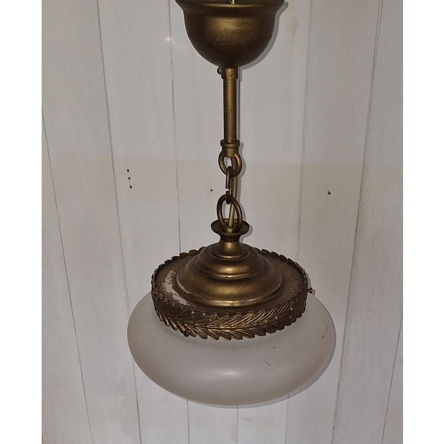 French Pendant Lamp with Metal Mounting and Decorated Glass Shade, 1930s For Sale - Image 4 of 7