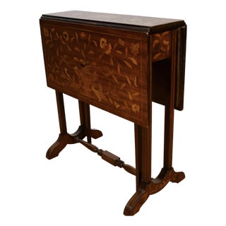 1900s Antique English Mahogany Dutch Marquetry Pembroke Drop Leaf Side End Table For Sale