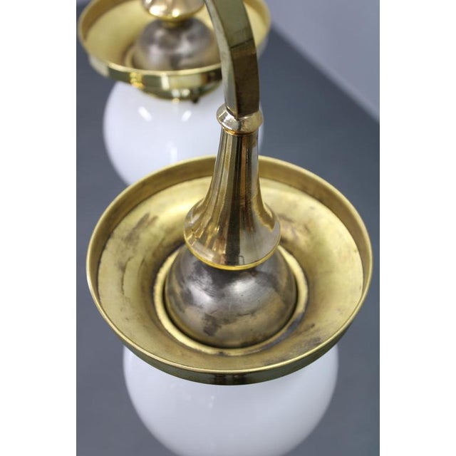 Goldenrod Vintage Art Deco Brass Chandelier with Five Opaline Glass Globes, 1930s For Sale - Image 8 of 12