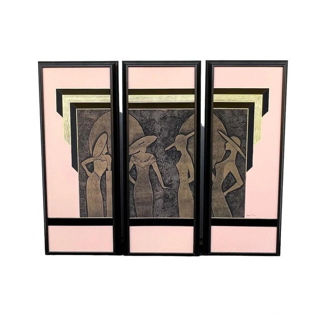 Signed Vintage Kinder Harris Art Deco Style Pink Female Figurative Triptych For Sale - Image 12 of 12