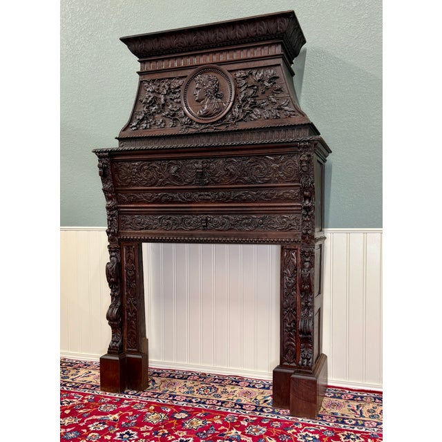 Wood Antique French Fireplace Mantel Surround Renaissance Revival Carved Oak 19thC For Sale - Image 7 of 17