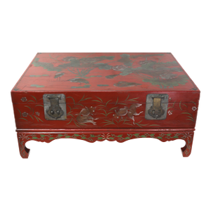 Vintage Red Lacquer Wooden Coffee Table With Storage and Stand