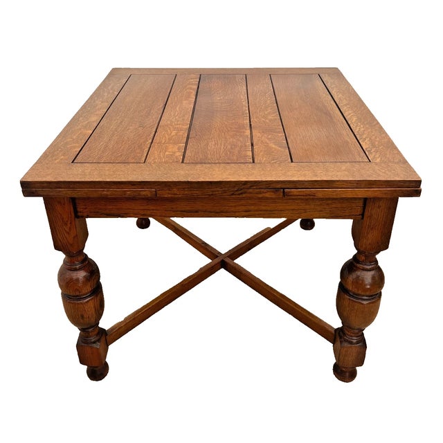 Wood Early 20th Century English Tudor Expansion Table Turned Baluster Legs Quarter Sawn Oak, X-Stretcher For Sale - Image 7 of 14