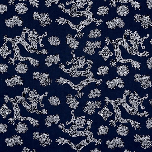 Sample - Schumacher Dragon Embroidery Fabric, Navy For Sale