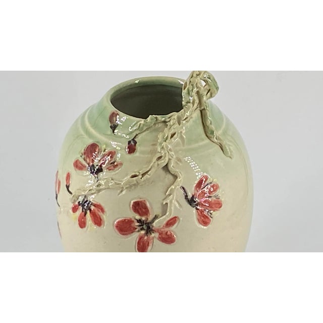 Vintage Studio Pottery Vase With Flower Blossoms & Applied Relief Branch Signed E. M. For Sale In San Francisco - Image 6 of 11