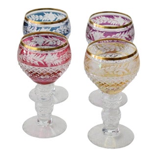 Antique Bohemian Multicolored Floral Cut to Clear Crystal Stemmed Glasses - Set of 4 For Sale