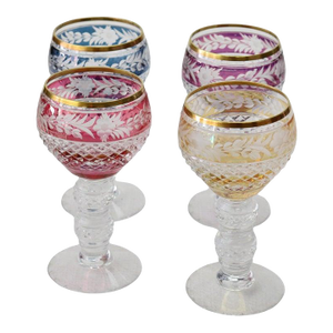 Antique Bohemian Multicolored Floral Cut to Clear Crystal Stemmed Glasses - Set of 4