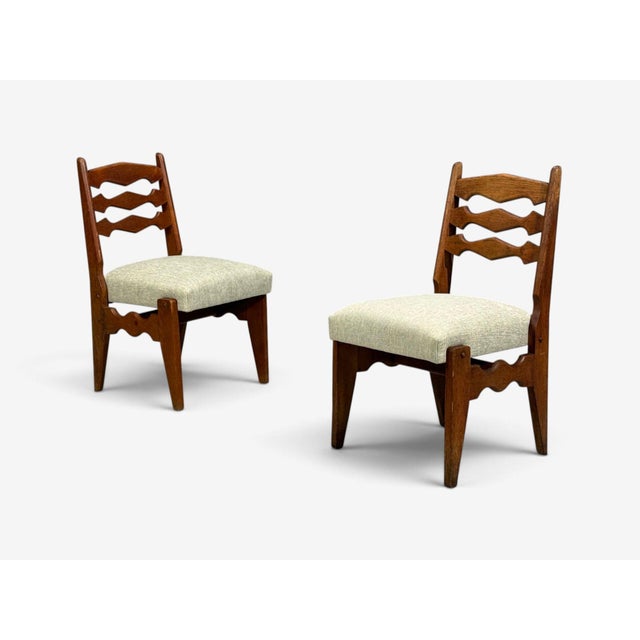 Guillerme & Chambron, Dining Chairs, Oak, Green Fabric, France, 1950s For Sale - Image 4 of 11