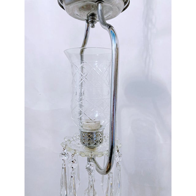 Chrome 1950s Colonial Revival Style Pendant Fixture With Etched Glass Shade For Sale - Image 8 of 9