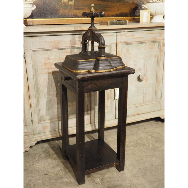 Brown 19th Century French Cast Iron Book Press on Wooden Stand For Sale - Image 8 of 18