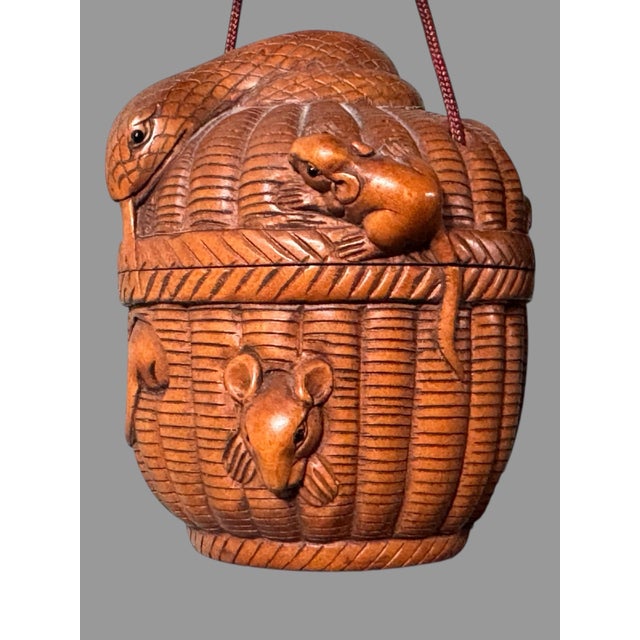Antique Japanese Carved Boxwood Inro & Netsuke With Mice & Snakes in a Basket For Sale - Image 10 of 12