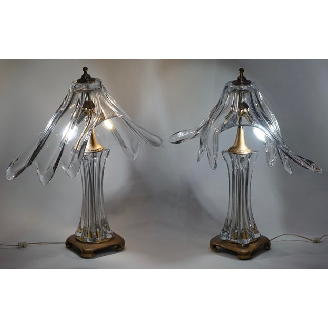 Art Deco Mid 20th Century Cofrac Art Verrier French Crystal and Brass Table Lamps Set of 2 For Sale - Image 3 of 5