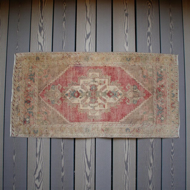 Mid-Century Modern 1970s Distressed Low Pile Turkish Yastik Petite Rug Faded Mat - 22'' X 44'' For Sale - Image 3 of 13
