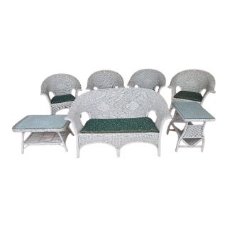 Vintage Coastal White Wicker 7-Piece Conversation Set With Loveseat, Four Chairs & Glass Top Tables For Sale